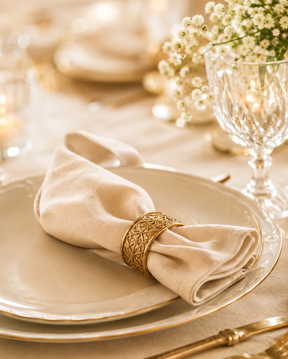 Elegant gedeckter Hochzeitstisch mit goldenem Serviettenring
